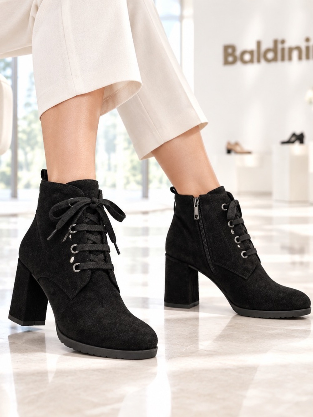Baldinini Women’s Black Soft Suede Lace-Up Winter Block Heel Ankle Boots